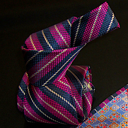 Ted McKenzie-Custom Bespoke Italian Silk Necktie Fabric-Woven Purple, White, Navy Checkered Diagonal Stripe.