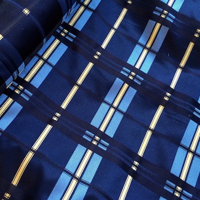 Ted McKenzie-Custom Bespoke Italian Silk Necktie Fabric-Navy, Cream, Blue Plaid Stripe.