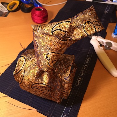 Ted McKenzie-Custom Bespoke Italian Silk Necktie Fabric-Ancient Gold, Navy, Silver Paisley.