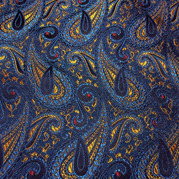 Ted McKenzie-Custom Bespoke Italian Silk Necktie Fabric-Navy Blue, Gold, Orange Paisley.