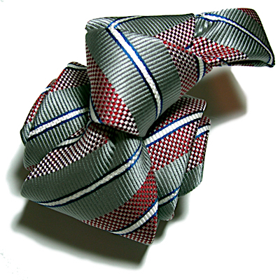 Ted McKenzie-Custom Bespoke Italian Silk Necktie Fabric-Woven silver gray, white, royal navy, scarlet red, diagonal stripe.